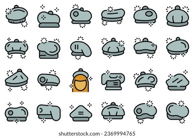 Beret icons set outline vector. French hat. Cap wool thin line color flat on white