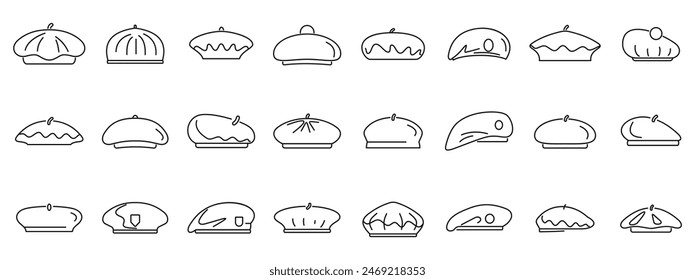 Beret icons set vector. A collection of hats in various styles and colors. The hats are all lined up in a row, with some overlapping each other