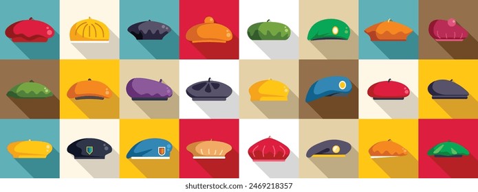 Beret icons set vector. A collection of hats in various colors and styles. The hats are arranged in a grid pattern, with some overlapping each other