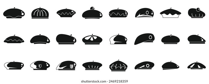 Beret icons set vector. A collection of hats in various styles and shapes. The hats are all black and arranged in a row