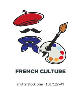 Beret and neckerchief paint brush and palette French culture symbols of France vector stereotypical outfit mustaches and painting art traveling and tourism attraction and sightseeing headdress  paint