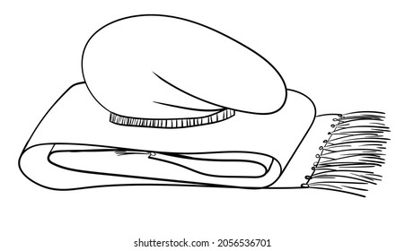 Beret and scarf black outline monochrome vector illustration isolated on white background.