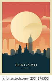 Bergamo city brutalism poster with abstract skyline, cityscape retro vector illustration. Italy town travel guide cover, brochure, flyer, leaflet, business presentation template image