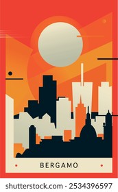 Bergamo city brutalism poster with abstract skyline, cityscape retro vector illustration. Italy town travel guide cover, brochure, flyer, leaflet, business presentation template image