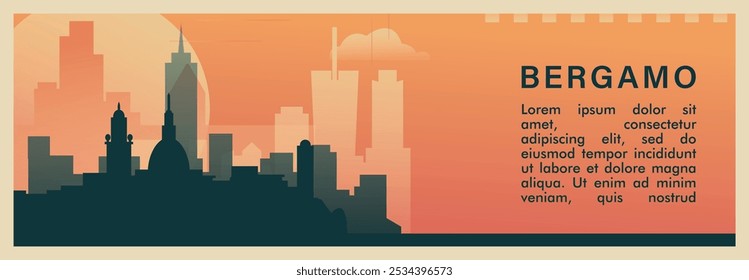 Bergamo city brutalism vector banner with skyline, cityscape. Italy town retro horizontal illustration. Travel layout for web presentation, header, footer