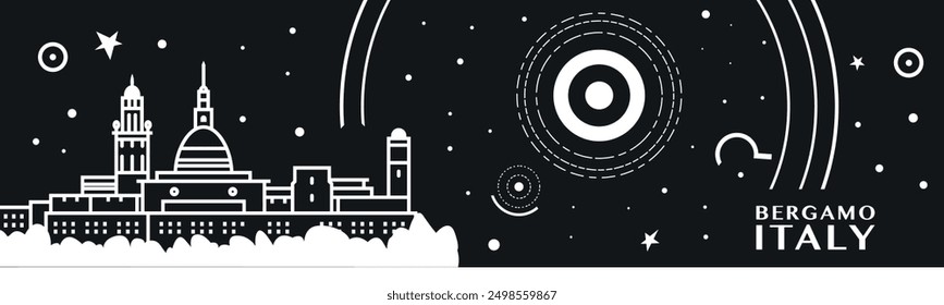 Bergamo city thin line style banner with black and white cityscape and skyline. Chalkboard vector horizontal illustration, header, footer for Italy