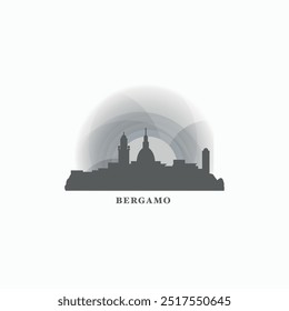 Logotipo plano del Vector del panorama de la ciudad del horizonte de Bérgamo, icono moderno. Idea del emblema de Italia con los Lugares famosos y las siluetas del edificio, Clipart aislado en la puesta del sol, salida del sol, noche