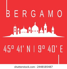 Bergamo Italy skyline white on red background in vector file. Writing the name and geographical coordinates of the city on a poster.