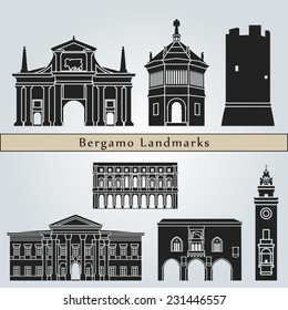 Bergamo landmarks and monuments isolated on blue background in editable vector file