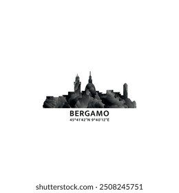 Bergamo panorama, vector badge, skyline logo and icon. Italy, Lombardy city horizon logotype with landmarks and building silhouettes. Isolated foggy abstract gradient graphic