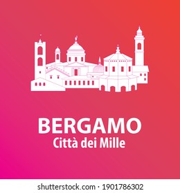 Bergamo skyline on red and purple background with lettering and white drawing. Vector file. City of a thousand.