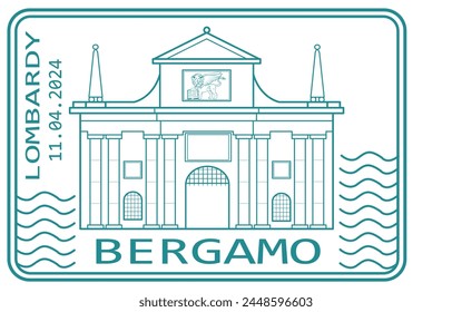 Bergamo stamp depicting the Porta di San Giacomo, a landmark of the city. Lombardy, Italy. Vector illustration.