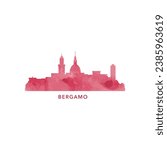 Bergamo watercolor cityscape skyline city panorama vector flat modern logo, icon. Italy town emblem concept with landmarks and building silhouettes. Isolated red graphic