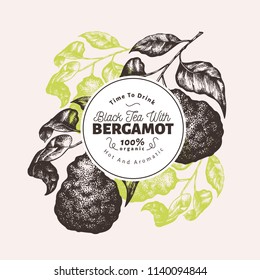 Bergamot branch design template. Kaffir lime frame. Hand drawn vector fruit illustration. Engraved style retro citrus background.