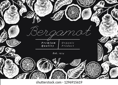 Bergamot branch design template. Kaffir lime frame. Hand drawn vector fruit illustration on chalk board. Engraved style retro citrus background.