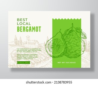 Bergamot Food Label Template. Abstract Vector Packaging Design Layout. Modern Typography Banner with Hand Drawn Fruits and Rural Landscape Background. Isolated