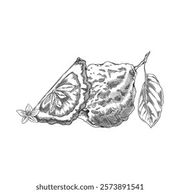 Bergamot fruit, flower and leaf engraved sketch. Hand drawn ripe Kaffir lime fruit whole and slice. Organic citrus food plant, juicy farm harvest. Natural fragrance. Vector ink illustration isolated