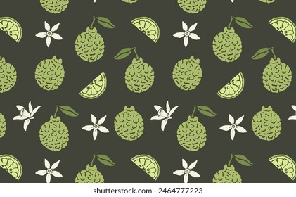 Bergamot fruit with flower and slices hand drawn seamless pattern. Fragrant citrus fruits on dark green background. Herbal and botanical concept.