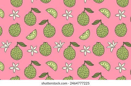 Bergamot fruit with flower and slices hand drawn seamless pattern. Fragrant citrus fruits on pink background. Herbal and botanical concept.