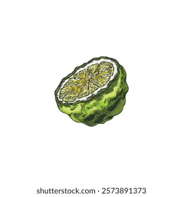 Bergamot fruit half cut sketch vector icon. Hand drawn fresh ripe green Kaffir lime fruit, lemon. Organic citrus food plant, juicy farm harvest. Natural sour fragrance isolated on white background