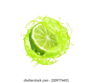 Bergamot fruit slice with juice splash. Citrus fruit juice swirl or spill with droplets, isolated vitamin beverage splash with bubbles, bergamot orange or lime lemon juice realistic vector twirl