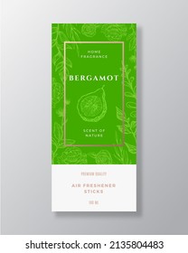 Bergamot Home Fragrance Abstract Vector Label Template. Hand Drawn Sketch Flowers, Leaves Background And Retro Typography. Premium Room Perfume Packaging Design Layout. Realistic Mockup. Isolated