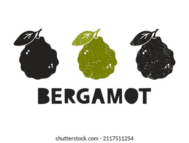Bergamot, silhouette icons set with lettering. Imitation of stamp, print with scuffs. Simple black shape and color vector illustration. Hand drawn isolated elements on white background
