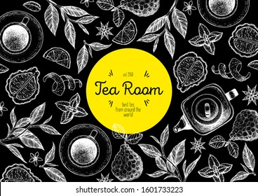 Bergamot tea vector illustration. Citrus and tea leaves. Healthy drink. Hand drawn sketch. Engraved style. Can used for vintage package design with tea product. Vector hand drawn set.