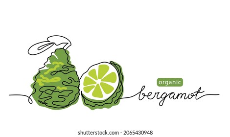 Bergamot vector drawn sketch, color illustration for label design. One continuous line art drawing with lettering organic bergamot.