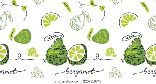 Bergamot vector pattern, color illustration for label design. One continuous line art drawing with lettering bergamot.