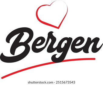 Diseño de texto de la ciudad de Bergen con diseño de icono tipográfico de corazón rojo adecuado para la promoción turística