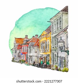 Bergen hordaland watercolor hand drawn illustration isolated on white background