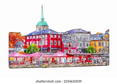 Bergen hordaland watercolor hand drawn illustration isolated on white background