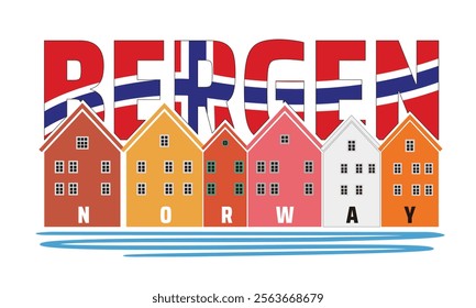 Bergen Landmark, Norway. Colorful Traditional Building, vector illustration isolated on white background