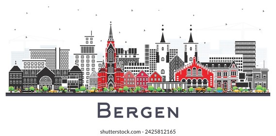 Skyline de la ciudad de Bergen Noruega con edificios de color aislados en blanco. Ilustración vectorial. Paisaje urbano de Bergen con puntos de referencia. Concepto de viajes de negocios y turismo con arquitectura histórica.