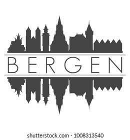 Bergen Norway Europe Skyline Vector Art Mirror Silhouette Emblematic Buildings