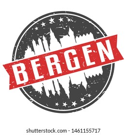 Bergen Norway Round Travel Stamp. Icon Skyline City Design. Seal Tourism Badge Illustration. 