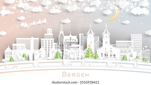 Bergen Norway. Winter city skyline in paper cut style with snowflakes, moon and neon garland. Christmas and new year concept. Santa Claus on sleigh. Bergen cityscape with landmarks.