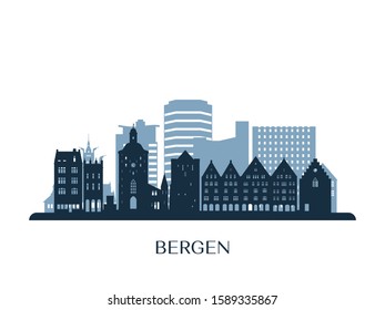 Bergen skyline, monochrome silhouette. Vector illustration.