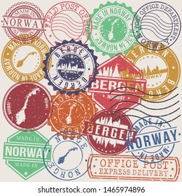 Bergen Sweden Set of Stamps. Travel Stamp. Made In Product. Design Seals Old Style Insignia.