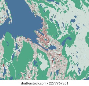 Bergen vector map. Detailed map of Bergen city administrative area. Cityscape panorama. Royalty free vector illustration. Outline map with buildings, water, forest. Tourist decorative road map.