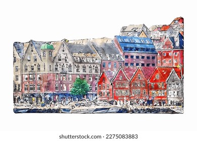 Bergen vestland norway watercolor hand drawn illustration isolated on white background