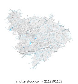 BergischGladbach, North Rhine-Westphalia, Germany high resolution vector map with city boundaries and editable paths. White outlines for main roads. Many detailed paths. Blue shapes for water.