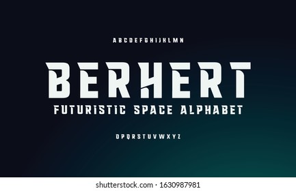 Berhert: Modern futuristic font design. Trendy typeface collection. Vector illustration of alphabet uppercase and number.