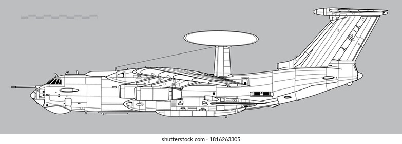 Berijew A-50 Mainstay. Vector drawing of airborne early warning and control aircraft. Side view. Image for illustration and infographics.