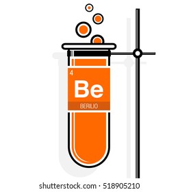 Berilio symbol - Beryllium in Spanish language - on label in a orange test tube with holder. Element number 4 of the Periodic Table of the Elements - Chemistry