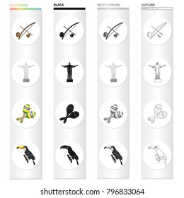 Berimbau, the Brazilian instrument, maracas, Statue of Christ the Redeemer the bird toucan. Brazil set collection icons in cartoon black monochrome outline style vector symbol stock illustration web.