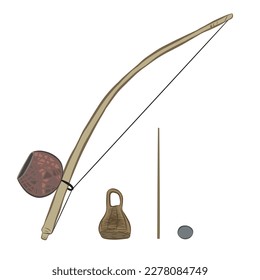 Berimbau and caxixi. Musical instruments used in the sport called capoeira. Vector illustration isolated on white background.