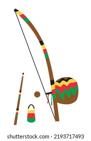 Berimbau colored. This is a single-string percussion instrument a musical bow used in the sport called capoeira. Vector illustration isolated on white background.