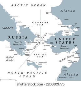 Bering Strait, gray political map. Strait between the North Pacific Ocean and Arctic Ocean, separating the Chukchi Peninsula of the Russian Far East from the Seward Peninsula of Alaska, United States.